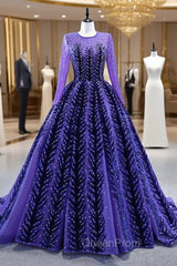 Blue Purple Tulle Beading Long Sleeve Evening Prom Dresses
