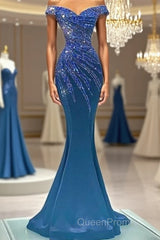 Blue Robe De Soiree Mermaid Off The Shoulder Beaded Crystals Long Evening Prom Dresses Evening Prom Gown Evening Dresses