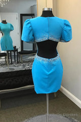 Blue Round Neck Beaded Bodycon Short Homecoming Dress with Puff Sleeves