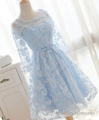 Blue Round Neck Lace Short Prom Dress, Blue Bridesmaid Dress, Homecoming Dress