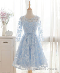 Blue Round Neck Lace Short Prom Dress, Blue Bridesmaid Dress, Homecoming Dress