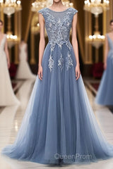 Blue round neck tulle lace applique long Evening Prom Dresses, blue evening Dresses
