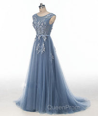 Blue round neck tulle lace applique long Evening Prom Dresses, blue evening Dresses