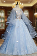 Blue Round Neck Tulle Lace Long Evening Prom Dresses, Blue Sweet 16 Dresses