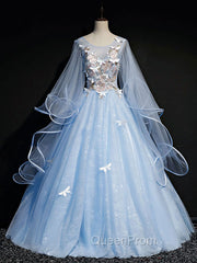 Blue Round Neck Tulle Lace Long Evening Prom Dresses, Blue Sweet 16 Dresses