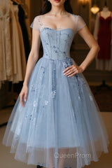 Blue round neck tulle lace short Evening Prom Dresses, blue homecoming Dresses