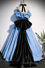 Blue Satin A-Line Long Evening Prom Dresses With Black Bow, Off The Shoulder Blue Long Party Dresses