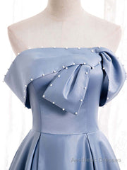 Blue Satin A-line Off-the-Shoulder Beaded Prom Dresses,evening party dress