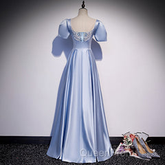 Blue Satin Beaded A-Line Long Party Dresses, Blue Evening Prom Party Dresses Formal Dresses