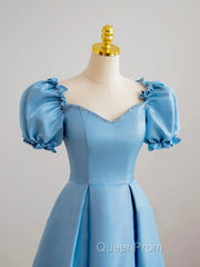 Blue Satin Beaded Floor Length Evening Prom Dresses, Blue A-Line Short Sleeve Evening Dresses