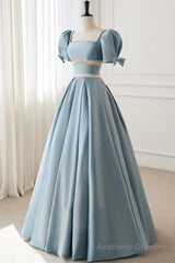 Blue Satin Beaded Long Prom Dress, Blue Short Sleeve Evening Dress