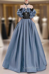 Blue Satin Black Lace Strapless Evening Prom Dresses