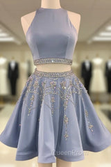 Blue Satin Crystal Beaded Skirt Two Piece Short Homecoming Dresses