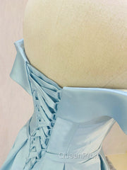 Blue Satin Cute Short Homecoming Dresses, Off Shoulder Party Dresses