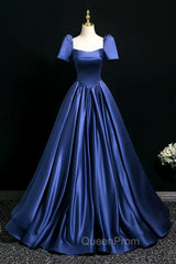 Blue Satin Floor Length Evening Dresses, Elegant Off The Shoulder Evening Party Dresses