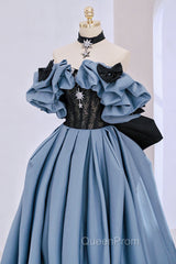 Blue Satin Lace Long Evening Prom Dresses, Off Shoulder Evening Party Dresses