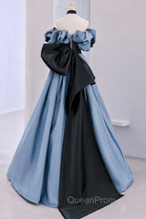 Blue Satin Lace Long Evening Prom Dresses, Off Shoulder Evening Party Dresses