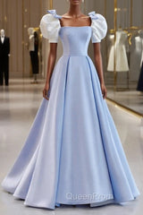 Blue Satin Long A-Line Evening Prom Dresses, Lovely Short Sleeve Evening Dresses