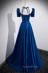Blue Satin Long A-Line Evening Prom Dresses, Simple Blue Short Sleeve Evening Dresses