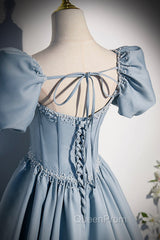 Blue Satin Long A-Line Evening Prom Dresses with Pearls, Cute Short Sleeve Evening Dresses