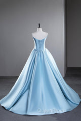 Blue Satin Long Evening Prom Dresses, A-Line Spaghetti Strap Evening Party Dresses