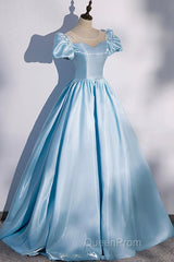 Blue Satin Long Evening Prom Dresses, Blue A-Line Scoop Neckline Short Sleeve Evening Dresses