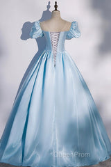 Blue Satin Long Evening Prom Dresses, Blue A-Line Scoop Neckline Short Sleeve Evening Dresses