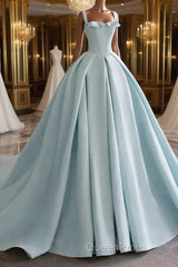 Blue Satin Long Evening Prom Dresses, Blue Satin Formal Dresses