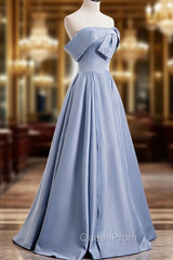Blue Satin Long Evening Prom Dresses with Pearls, Blue A-Line Strapless Party Dresses