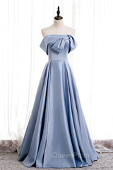 Blue Satin Long Evening Prom Dresses with Pearls, Blue A-Line Strapless Party Dresses