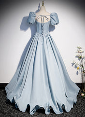 Blue Satin Long Evening Prom Dresses with Pearls, Blue Short Sleeves A-line Evening Dresses