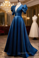 Blue Satin Long Evening Prom Dresses with Short Sleeves, Blue Evening Dresses