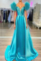 Blue Satin Off the Shoulder Feather Evening Prom Dresses