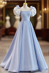 Blue Satin Puf Sleeve Bow Evening Prom Dresses
