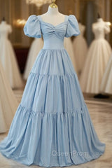 Blue Satin Puff Sleeve Pleats Evening Prom Dresses