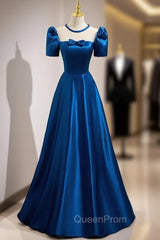Blue Satin See Through Neck Short Sleeve Evening Prom Dresses