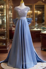 Blue Satin Sequins V-neck Evening Prom Dresses
