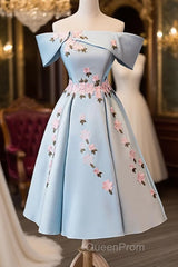 Blue Satin Short Party Dresses With Flowers, Blue Knee Length Homecoming Dresses