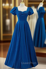 Blue Satin Short Sleeve Pleats Evening Prom Dresses