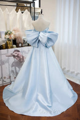 Blue Satin Spaghetti Strap Long Evening Prom Dresses With Big Bow, Blue A-Line Evening Party Dresses