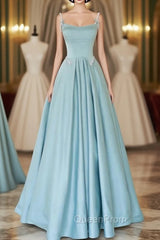 Blue Satin Spaghetti Straps Pearls Evening Prom Dresses