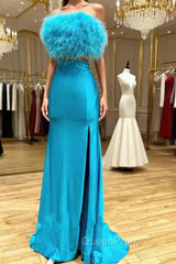 Blue Satin Strapless Feather Split Evening Prom Dresses