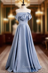 Blue Satin Strapless Pearls Long Evening Prom Dresses