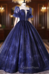 Blue Scoop Neckline Tulle Long Evening Prom Dresses, A-Line Short Sleeve Evening Gown