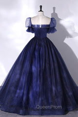 Blue Scoop Neckline Tulle Long Evening Prom Dresses, A-Line Short Sleeve Evening Gown