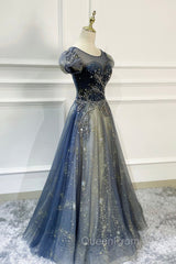 Blue Scoop Neckline Tulle Long Evening Prom Dresses with Beaded, A-Line Evening Party Dresses