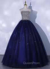 Blue Sequins and Beaded Ball Gown Tulle Lace-up Evening Dresses,Blue Evening Dresses Party Dresses
