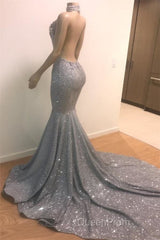 Blue Sequins Backless Long Mermaid Crystal Beaded Evening Prom Dresses