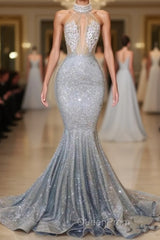 Blue Sequins Backless Long Mermaid Crystal Beaded Evening Prom Dresses