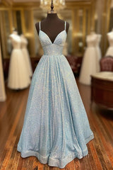 Blue Sequins Long A-Line Evening Prom Dresses, V-Neck Shiny Evening Party Dresses